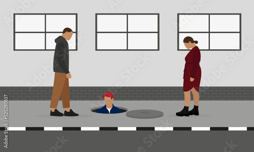 Two male characters, one of which is in an open manhole, and female character together on the sidewalk