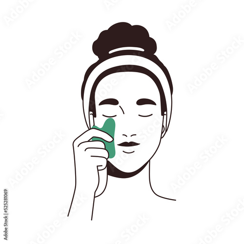Woman massaging face with guasha scraper. Young girl applying gua sha jade tool. Female with beauty facial stone massager for skin care. Line-art flat vector illustration isolated on white background