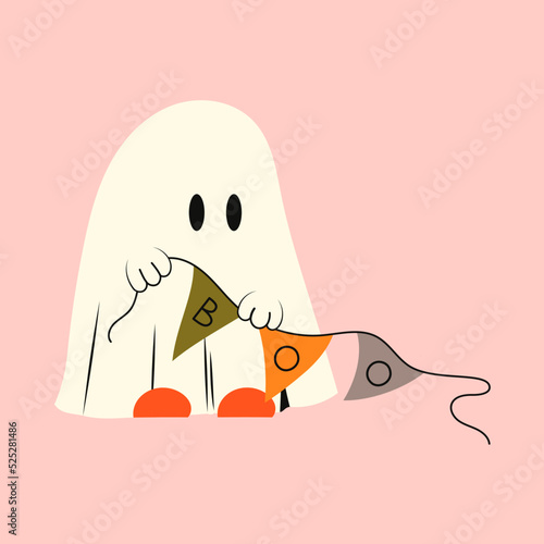 Halloween ghost. Phantom with flags and the inscription boo. Kawaii monster mystical drawing concept. Flat vector illustration isolated with pumpkins and holiday elements.