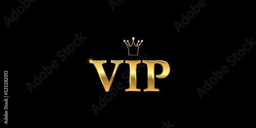 Vip. Vector black banner with gold text. Vip label. Vector illustration on black background. Luxury gift card. Certificate with gold text. Golden VIP. Template design. Vector black banner
