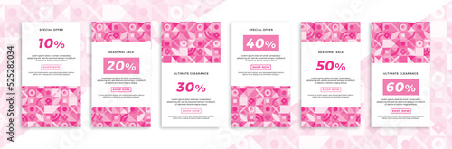 Set of vertical promotional web banners with Bauhaus geometric pattern. Elegant pinkish sale and discount promo backgrounds for social media mobile app stories. Vector editable background EPS 10