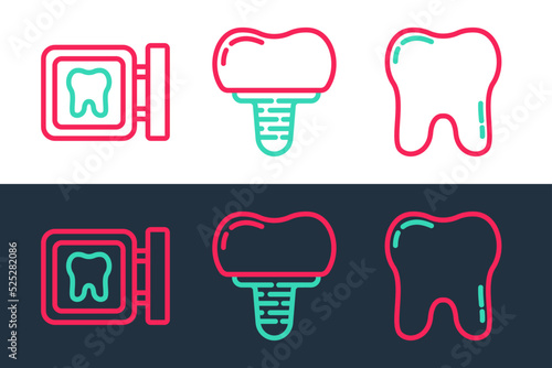 Set line Tooth  Dental clinic location and implant icon. Vector