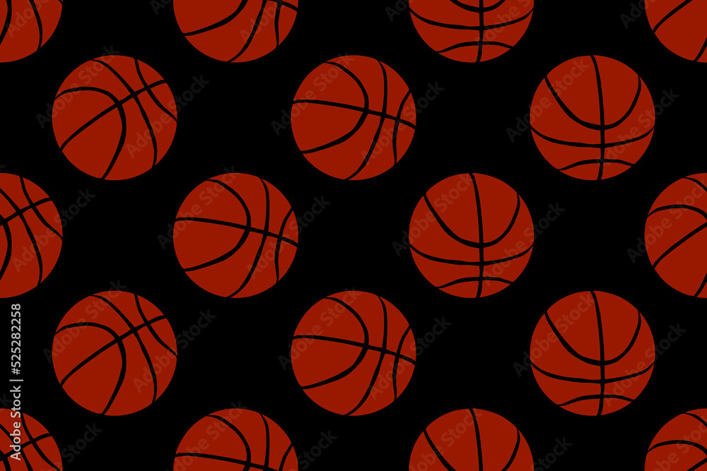 basketball balls in orange color, seamless pattern on black background