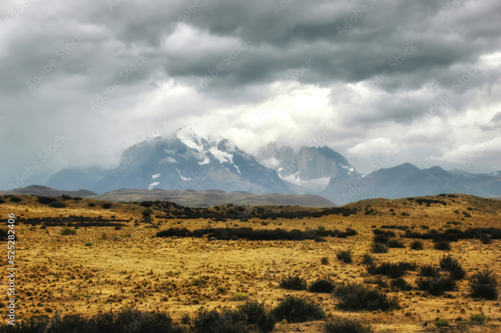 Torres del Paine, Chile. Cloudy weather austral landscape in Patagonia