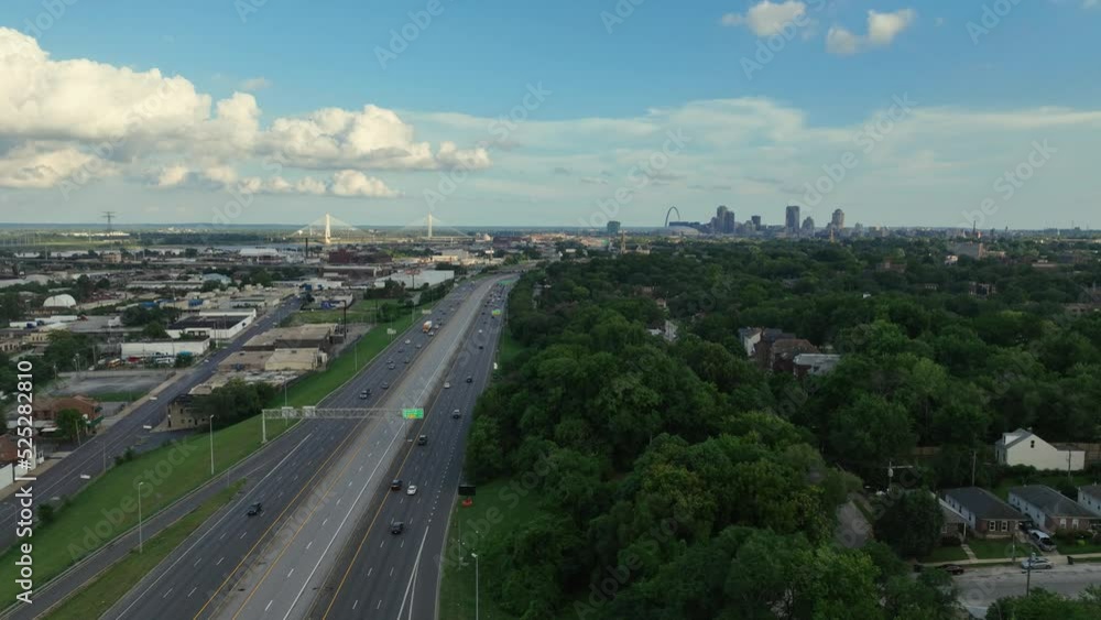 Aerial approach to St. Louis Missouri along the highway Aerial approach to St. Louis Missouri along the highway
