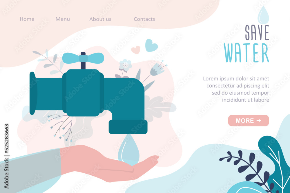 Save water, landing page template. Water tap and large drop. The