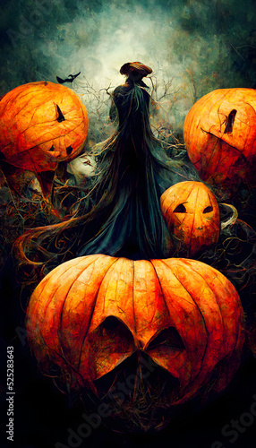 Photographie abstract black gothic lady figure in long dress with pupmkins, spooky haloween background, neural network generated art