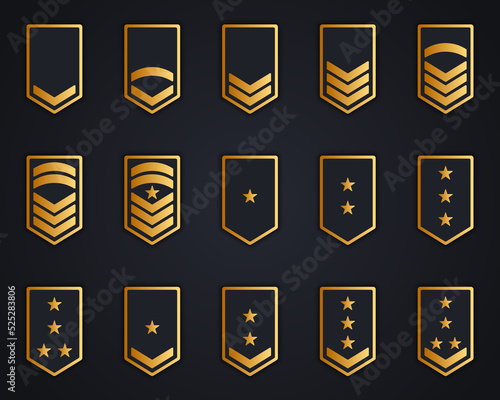 Military Insignia Soldier Icon Set. Chevron Stripes Badge Gold Logo. Sergeant, General, Major, Officer, Lieutenant, Colonel Patch . Golden Army Rank on Dark Background. Isolated Vector Illustration