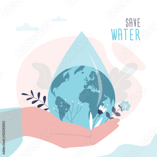 Save water, concept banner. Planet in giant water drop. The problem of ecology and irreplaceable natural resources of planet. Hand holds big drop. Save planet.