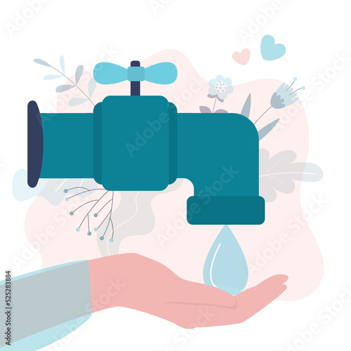 Save water, concept banner. Water tap and large drop. The problem of ecology and irreplaceable natural resources of planet. Hand catches big drop.