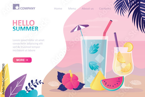 Various cocktails with pieces of fruit and ice. Tropical cooling drinks on beach. Glasses with exotic lemonades