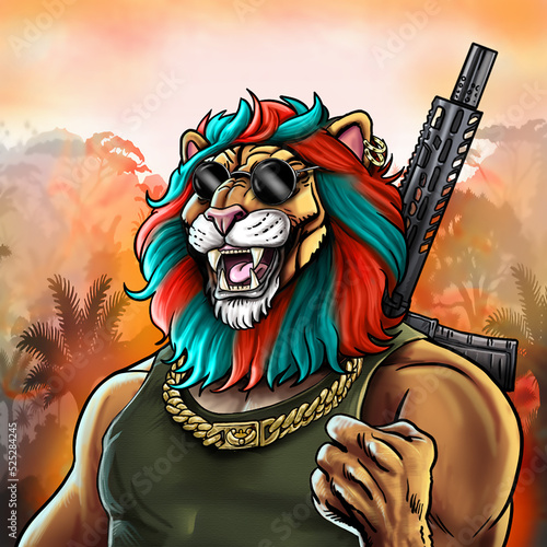 mascot of a dangerous lion in the jungle with a weapon on his back