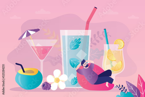 Male character in sun lounger relaxes on beach. Large glass with cocktail and straw. Guy in sunglasses sunbathing on ocean. Handsome man chilling during summer vacation.