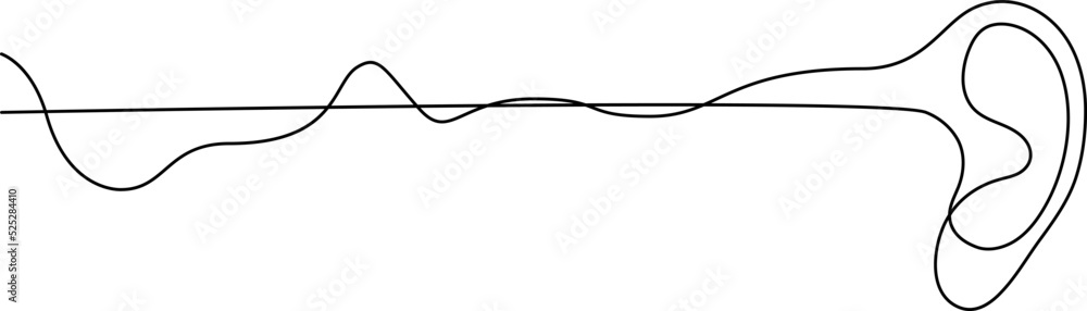 Human ear and weak audio wave continuous line drawing. Hearing problems concept. Hearing clinic, audiologist, otolaryngologist symbol. Business corporate identity template. Vector illustration. Human ear and weak audio wave continuous line drawing. Hearing problems concept. Hearing clinic, audiologist, otolaryngologist symbol. Business corporate identity template. Vector illustration.