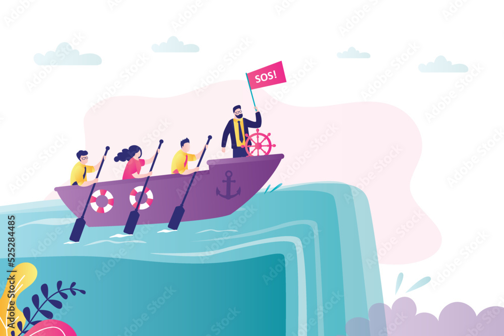 Business team sailing on boat. Leader choose false direction. Male boss steers ship and sailing at waterfall. Bad money management. Way to financial crisis, company bankrupt. Business team sailing on boat. Leader choose false direction. Male boss steers ship and sailing at waterfall. Bad money management. Way to financial crisis, company bankrupt.