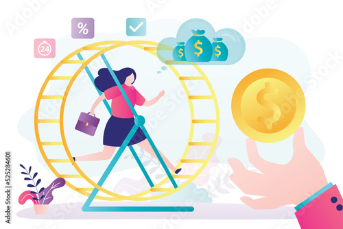 Corporate slavery, woman worker fast runs in wheel, big hand of the boss holds gold coin. Overworked female employee, burnout. Difficult career climb. Salary, reward.