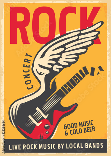 Artistic poster design for rock concert. Rock music retro flyer template with electric guitar and angel wing. Vector illustration.