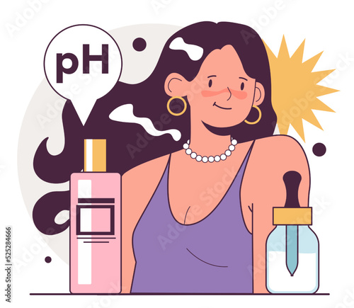Hair care products. Character applies hair oil and mask to her hair.
