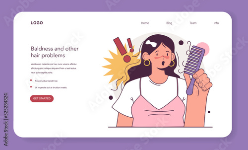 Alopecia, balding process web banner or landing page. Character suffeering