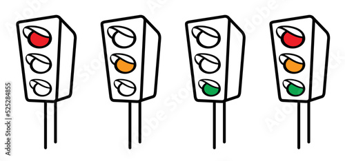 Stoplight. Cartoon, comic street traffic light. Drawing traffic lights signal icon or sign. Red, yellow and green. Road symbol. Signals for navigation. Stop, wait or go signboard.