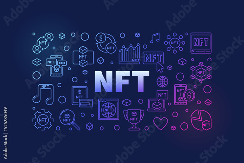 NFT concept colored horizontal banner. Non-Fungible Token vector illustration