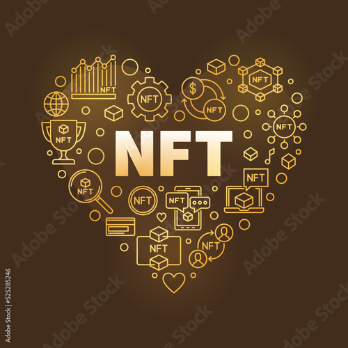 NFT Golden Heart Banner. Non-Fungible Token vector illustration