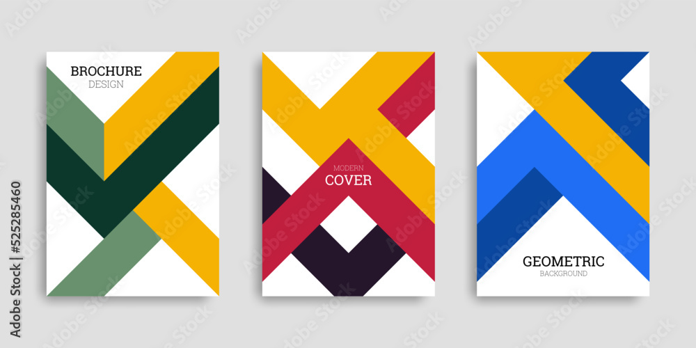 Set of abstract geometric covers. A4 posters. Business template collection with geometric shapes. Background in flat style. Vector illustration. Design brochure, cover, notebook, catalog.