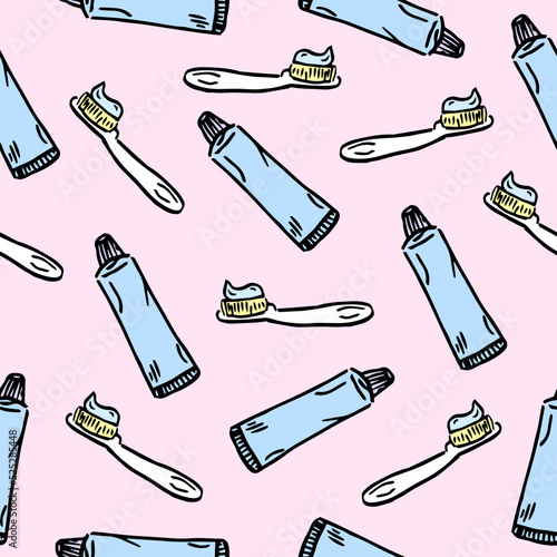 Seamless pattern handle toothbrush with toothpaste for brushing teeth, dental cartoon vector flat style cute