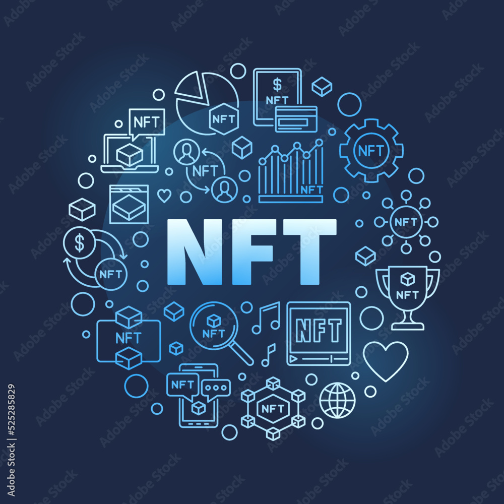 NFT concept round blue line banner. Non-Fungible Token vector illustration NFT concept round blue line banner. Non-Fungible Token vector illustration