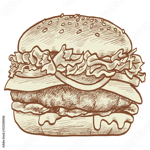Burger Hamburger Beefburger Cheeseburger Vintage Drawing Illustration Design Vector Art Icon Template