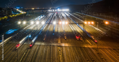 Aerial photo of high-speed rail parked on railway tracks in high-speed rail warehouse.Taken at Nanjing South Railway Station, Nanjing City, Jiangsu Province, China