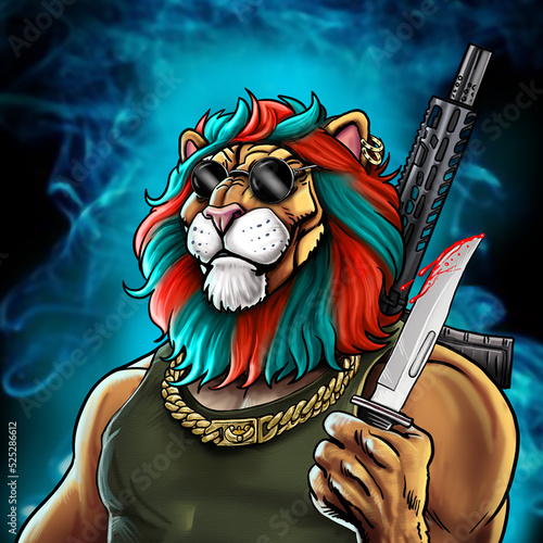 mascot of a dangerous lion in the jungle with a rifle and a knife in his hand