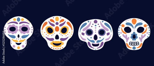 Skulls set. Vector illustration. Skulls for the day of the dead. Skulls with patterns.