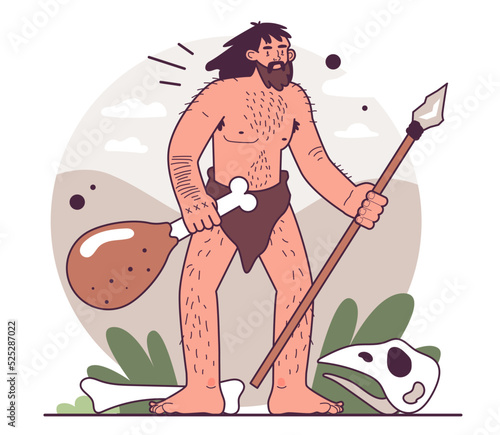 Cavemen in stone age. People hunting with primitive tools. Human evolution