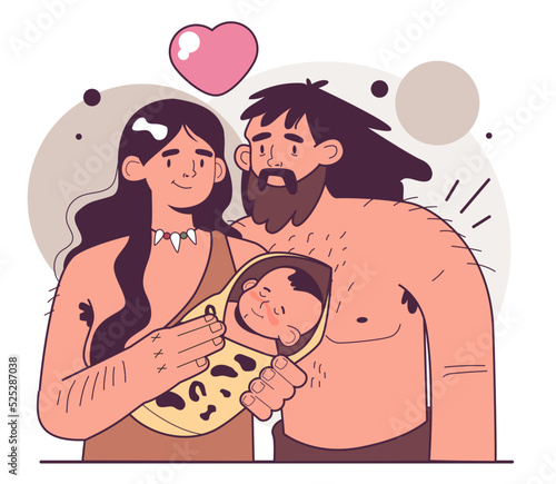 Caveman family. Prehistoric neanderthal couple with kid. Human evolution