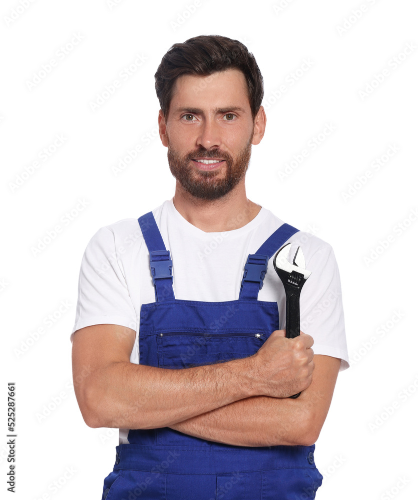 Professional plumber with adjustable wrench on white background Professional plumber with adjustable wrench on white background