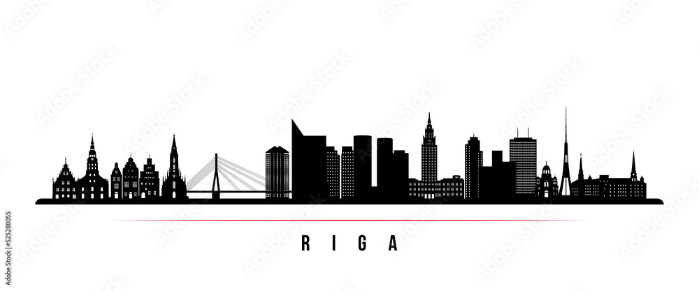 Riga skyline horizontal banner. Black and white silhouette of Riga, Latvia. Vector template for your design.