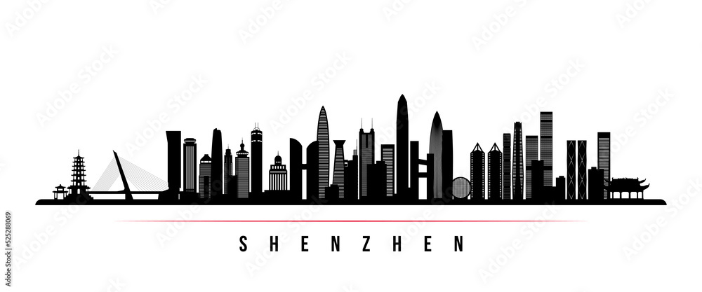 Shenzhen skyline horizontal banner. Black and white silhouette of Shenzhen, China. Vector template for your design.