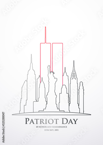 911 Patriot Day vertical banner. Twin Towers Remembrance Day. New York city September 11, 2001. Vector design template.