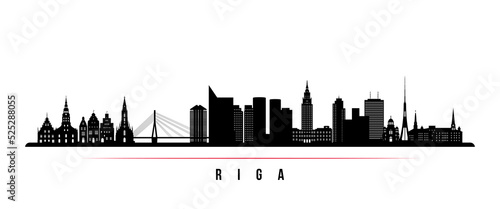 Riga skyline horizontal banner. Black and white silhouette of Riga, Latvia. Vector template for your design.