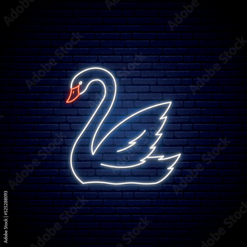 Fototapeta Naklejka Na Ścianę i Meble -  Neon Swan icon. Elegant white swan emblem in neon style. Bright light signboard. Vector illustration.