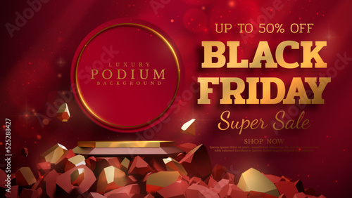 Black friday sale background with golden product display podium with 3d stone elements and light beam effects decorations and stars and bokeh. Red luxury scene.