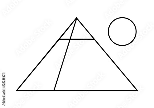 Egypt ancient pyramids of giza are egyptian pharaoh tomb with sun on white background outline vector black icon design.
