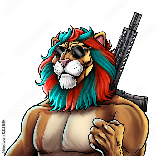 mascot of a dangerous lion with glasses and a ri