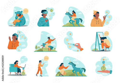 Imagination and creativity concept set. Character imagining