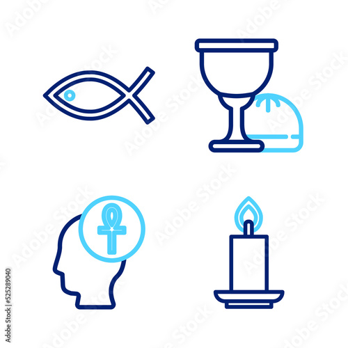 Set line Burning candle, Cross ankh, Holy grail or chalice and Christian fish icon. Vector