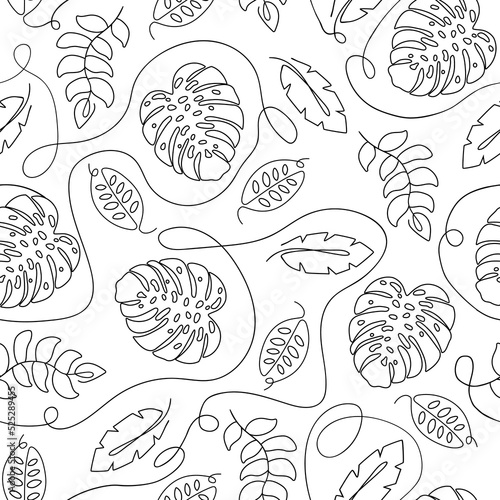 Single continuous line drawing floral pattern. Tropical leaves seamless pattern. Jungle leaves in one continuous line repeated background. Minimalist linear sketch. Vector illustration. Safari leaves.