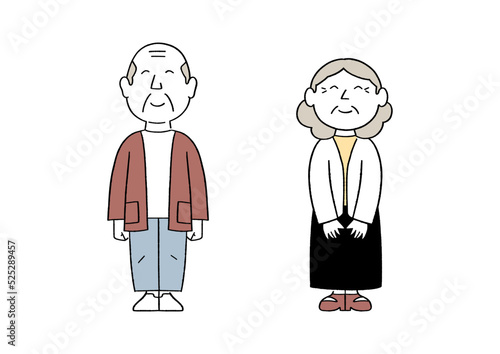 Cute elderly senior people standing. Hand drawn line art style vector illustration.