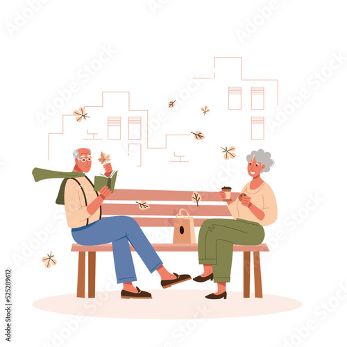 An elderly couple in the autumn town park on a bench. Leaves, coffee, books and relationships. Vector illustration.