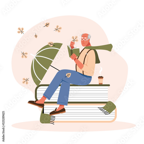 Book reading concept, elderly man sitting on a pile of books and reading a book. Education, poetry and study. Literature lover or bookworm metaphor, vector illustration. Autumn mood.